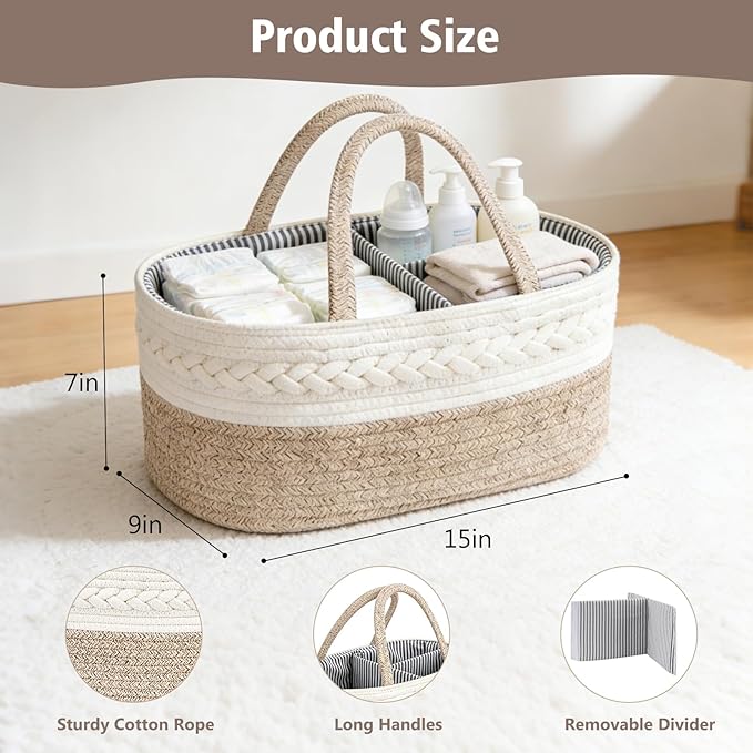 Diaper Caddy Organizer, Cotton Rope Baby Basket for Nursery and Changing Table, Portable Diaper Caddy with Removable Divider for Newborn Parents, Home and Car Travel, White and Brown