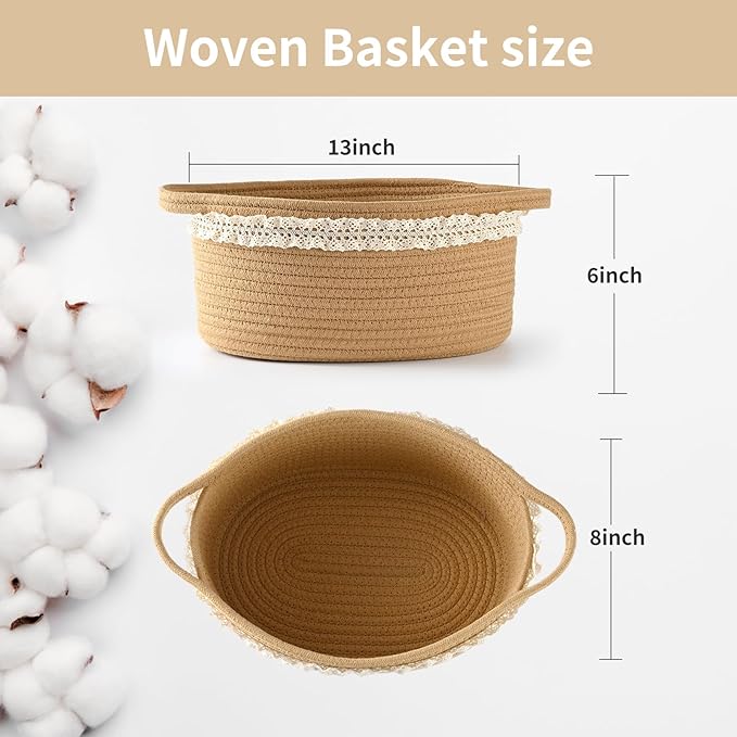 Happyiren Brown Woven Cotton Rope Storage Basket with Lace Trim, Collapsible Toy Organizer, 13" D x 8" W x 6" H, Decorative Basket for Nursery
