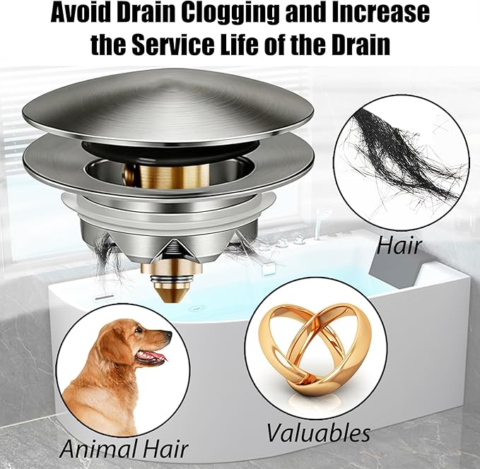 Bathtub Drain Stopper, Pop Up Tub Stopper and Cover, Bottom with Hair Catcher, Universal for 1.45 to 1.8in Drain, Replaces Old Drain Plug, Brushed Nickel
