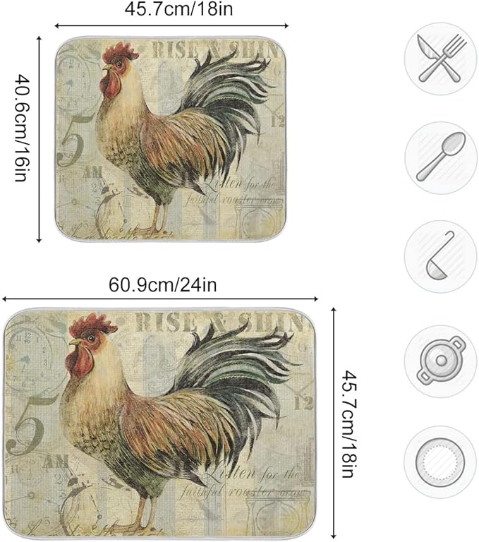 Farmhouse Rooster Dish Drying Mat 16 x 18 Inch with Hanging Loop High Absorbent Reversible Microfiber Dish Drying Pad Dish Rack Pad Drainer Mat for Kitchen Counter Coffee Bar