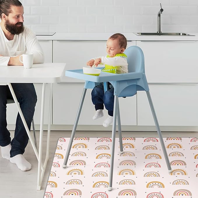 CLYMENE Splat Mat for Under High Chair | 51x51 Inch Anti-Slip Baby Splash Mat | Waterproof & Washable Spill Mat for Highchair Floor and Infant Play (Boho Rainbow)
