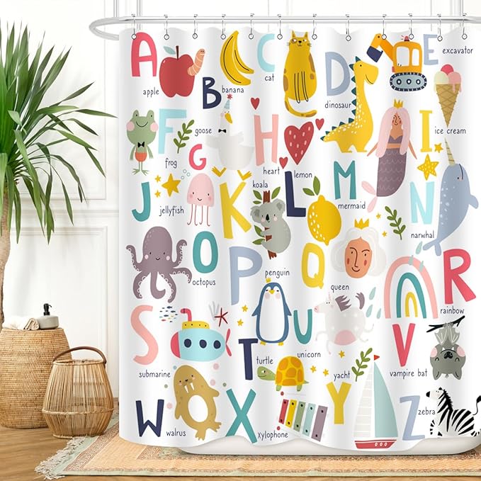 Alphabet Shower Curtain Kids ABC Educational Learning Tool Baby Cartoon Animals Girls Boys Colorful Bathroom Decor Waterproof Fabric 72Lx60W Inch with Hooks