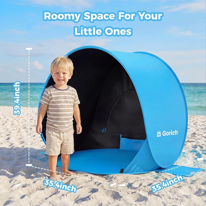 Gorich Pop Up Baby Beach Tent with UPF50+ UV Protection, Portable Toddler Sun Shelter with Mesh Ventilation, Lightweight & Foldable Play Shade Tent for Beach, Park & Backyard