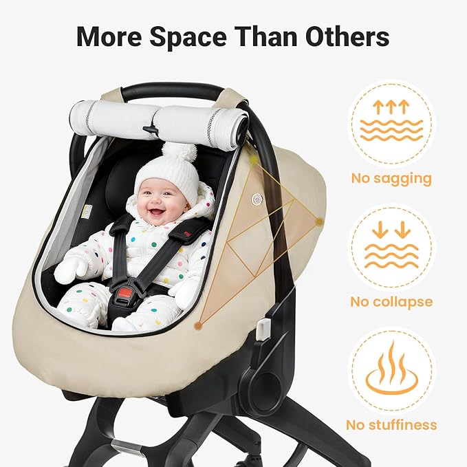 Rquite Car Seat Cover Baby, Winter Carseat Covers Boy Girl, Waterproof Infant Car Seat Cover Warm Car Seat Canopy for Cold Weather, Windproof Baby Carrier/Stroller Cover with 2 Layers Windows, Beige
