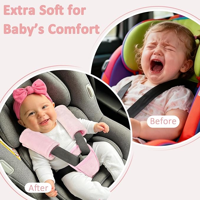 SWESEN Baby Car Seat Strap Covers, 3 Piece Soft Car Seat Strap Shoulder Pads for Baby Girls Boys, Double-Sided Use carseat Straps Covers for Stroller, Car Seats, Pushchair, Pink
