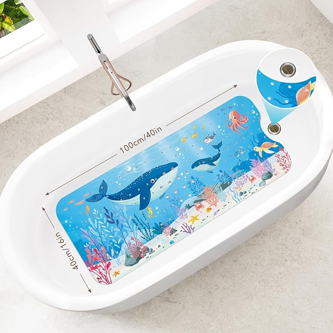 SHUCHING Baby Bath Mat for Tub Non Slip-40 X 16 Inch, Bathtub Mat Non Slip for Kids, Toddler Long Shower Mat for Bathroom, Whale