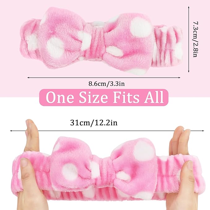 10 Pack Pink Bow Skincare Headbands - Plush Spa Headbands for Women & Girls with Polka Dot & Solid Designs for Valentine's Day, Skincare, Yoga, and Party Favors