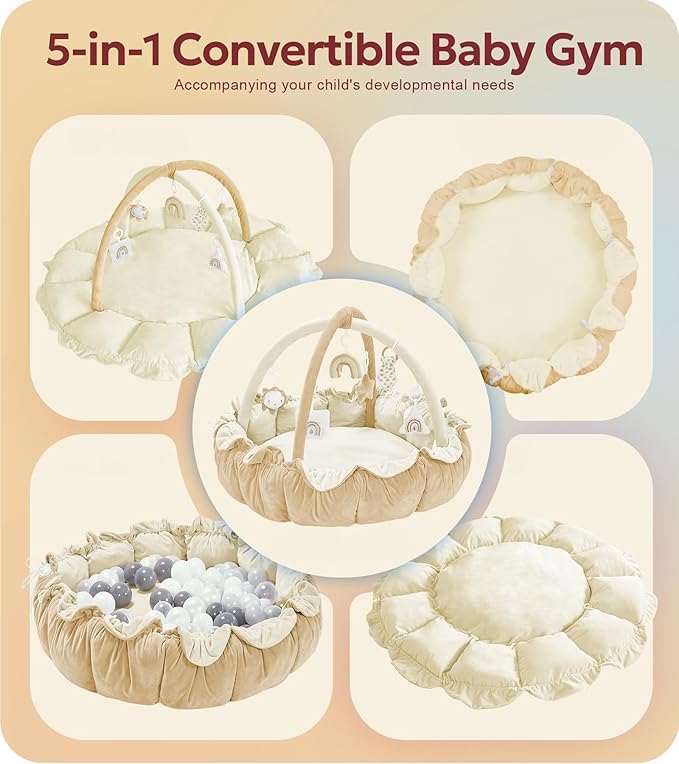5-in-1 Thick & Plush Baby Play Gym, Baby Play Mats for Floor, Tummy Time Mat with 6 Toys, Convertible Stage-Based Developmental from Babies to Toddlers, Ball Pit, Cream