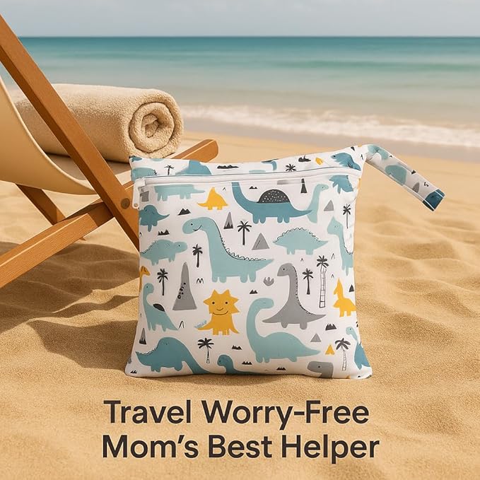 FANALALA Waterproof Wet Dry Bag, Reusable Diaper Pouch with Zipper, Machine Washable Travel Organizer for Beach, Daycare, Kids, Dinosaur Pattern (White Dino)