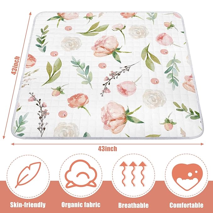 Funtery 43 x 43 Inch Boho Baby Play Mat Portable Crawling Washable Foldable Tummy Time Non Slip Baby Floor Large Playpen Mat for Infants Toddlers Floor Playpen Activity(Flower Theme)