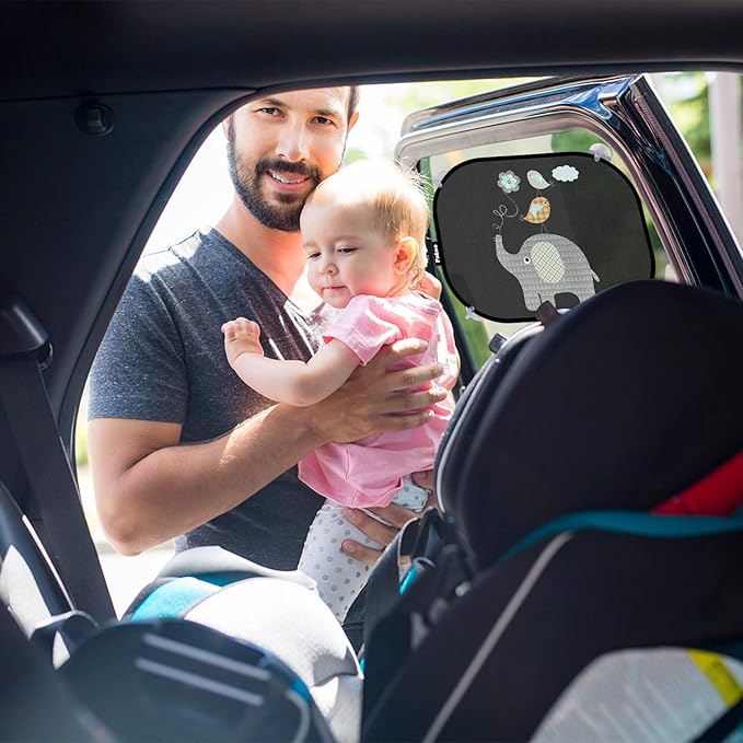 Pakoo Car Sun Shade for Baby with UV Protection, 2 Pack UV Protection Breathable Car Window Sun Shade for Children with Cute Animal Motifs, 17.7 x 14 inches Sun Shades with 8 Cups