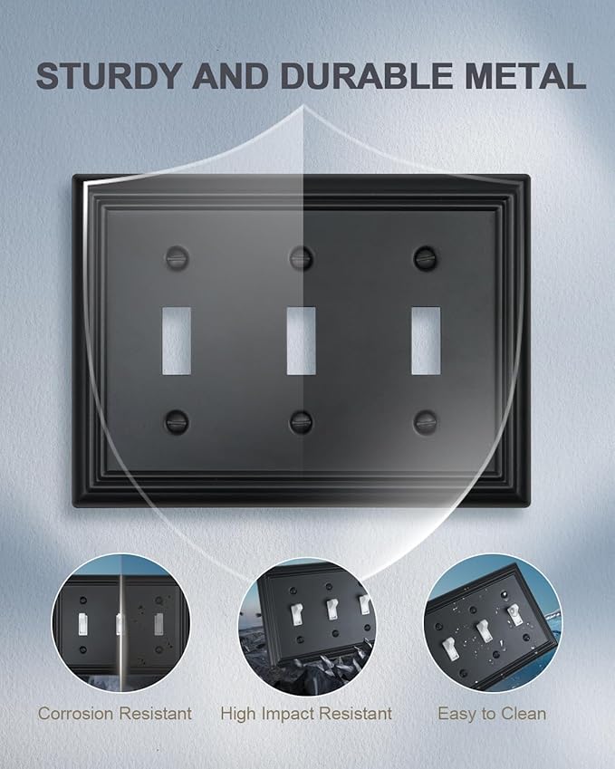 2-Pack Triple Toggle Wall Plates, Black Light Switch Covers, Decorative Switch Plate Covers, Durable Metal, 6.77''*4.88'', Midsize