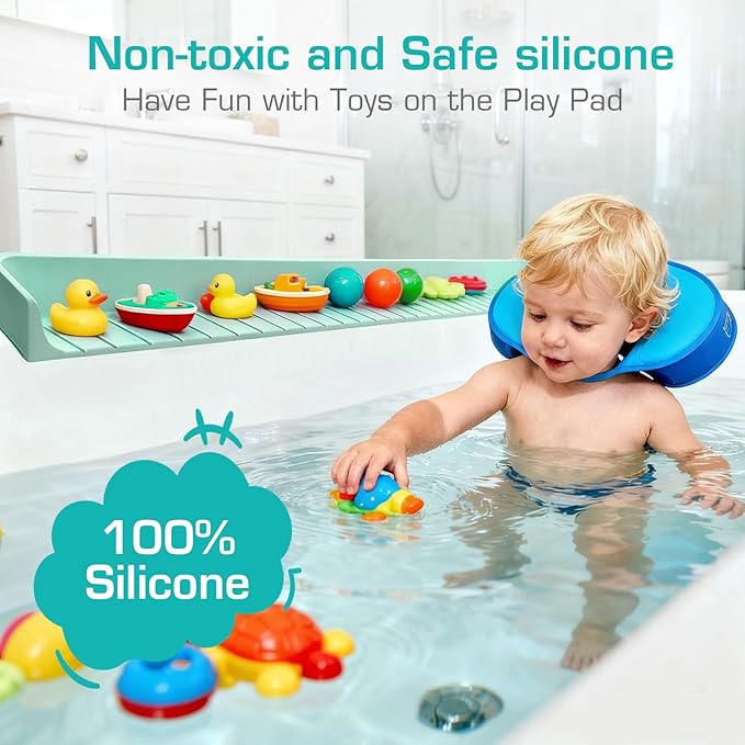 31.5" Bathtub Splash Guard for Kids & Toddlers - Silicone Play Shelf & Toy Storage Tray with Strong Suction Cups to Prevent Water Spills, No-Leak Fun Bath Time - Tub Toy Holder Ledge,Green