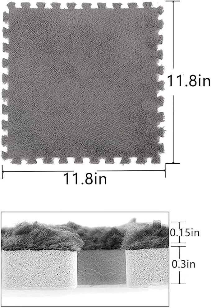 12pcs Plush Puzzle Foam Floor Mat, Soft Thicken Fluffy Interlocking Square Foam Tiles Area Rugs Carpet for Parlor Bedroom Decoration(11.8x11.8x0.4in, Grey)