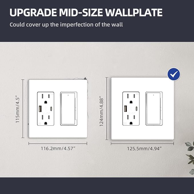 ELEGRP 2-Gang Screwless Decorative Wall Plates, Mid-Size 4.88" height x 4.94" length Unbreakable Thermoplastic Faceplate Cover for Decorator Receptacle Outlet & Switch, UL Listed (1 Pack, Matte White)