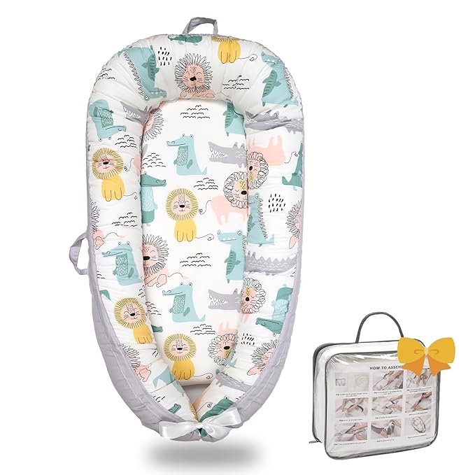 Baby Lounger-Breathable and Soft Organic 100% Cotton, Portable Infant Lounger with Removable Lounger Cover, Floor Lounger for Newborn - Lion