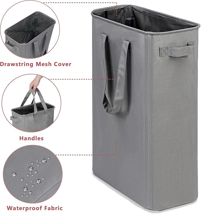 efluky Slim Laundry Basket, Narrow Laundry Hamper with Handles, Collapsible Dirty Clothes Hamper, Tall Laundry Bin for Laundry Room, Dorm and Bedroom, 12.7 Gallons(48L) Grey (Pack of 2)
