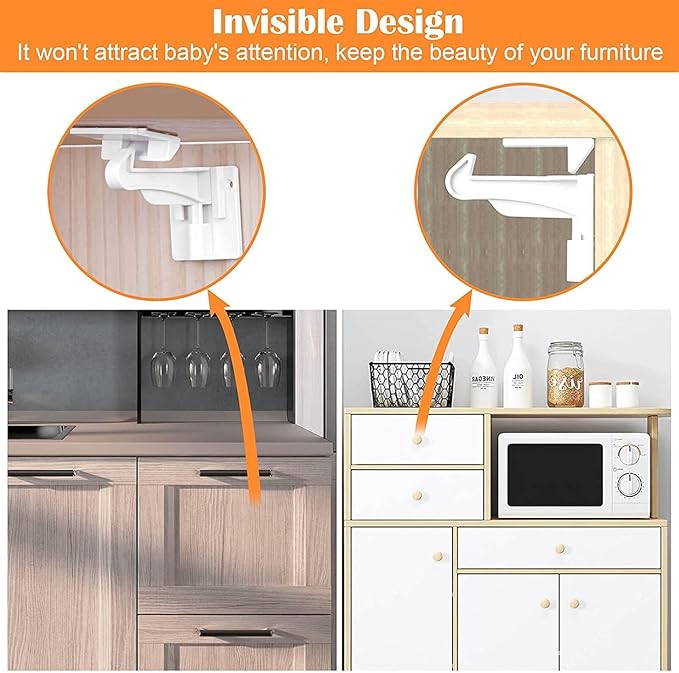 10 Pack Upgraded Invisible Baby Proofing Cabinet Latch Locks - No Drilling or Tools Required, Children Proof Cupboard Drawers Latches, Works with Most Cabinets and Drawers - Adhesive Easy Installation