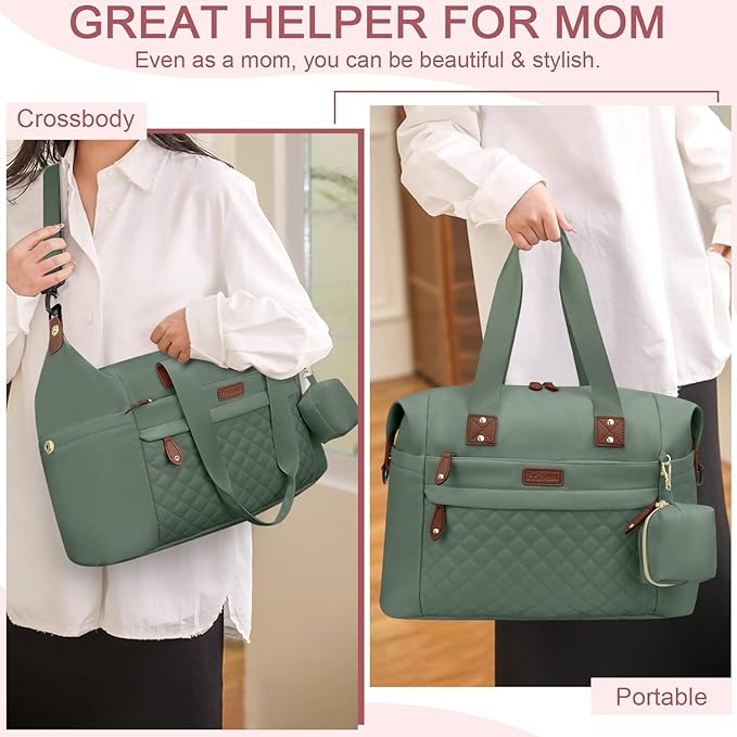 Pritent Diaper Bag Tote - Diaper Baby Bags with Pacifier Case, Shoulder Straps, Stroller Clips, Waterproof Large Mommy Maternity Travel Baby Bag for Mom and Dad, Green, Medium