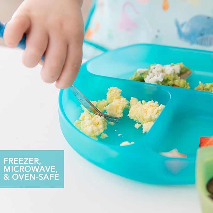 Bumkins Toddler and Baby Suction Plate, Silicone Divided Grip Dish for Babies and Kids, Baby Led Weaning, Children Feeding Supplies, Non Skid Sticky Bottom, Ages 6 Months Up, Blue Jelly