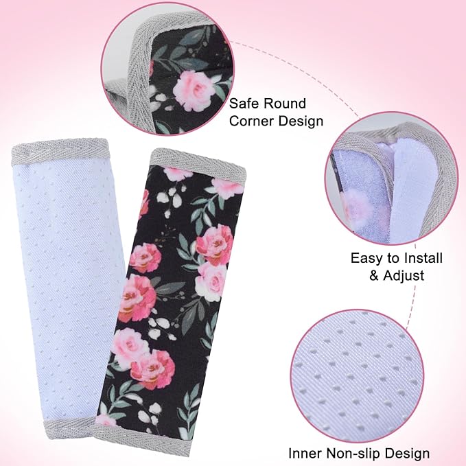 Seat Belt Cover Pad for Baby, Soft Seatbelt Cushion Covers for Kids 2Pcs Car Seat Strap Shoulder Pads for All Car Seats, Stroller, High Chair,Black Flower