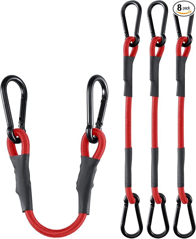 8 Pack 36 Inch Heavy Duty Bungee Cords with Carabiner Hooks, 190 lbs Max Strength Bungee Straps for Cargo, Bike, Cart, Roof Rack, Truck, Tent, Camping, Motorcycle, Outdoor Storage and More, Red