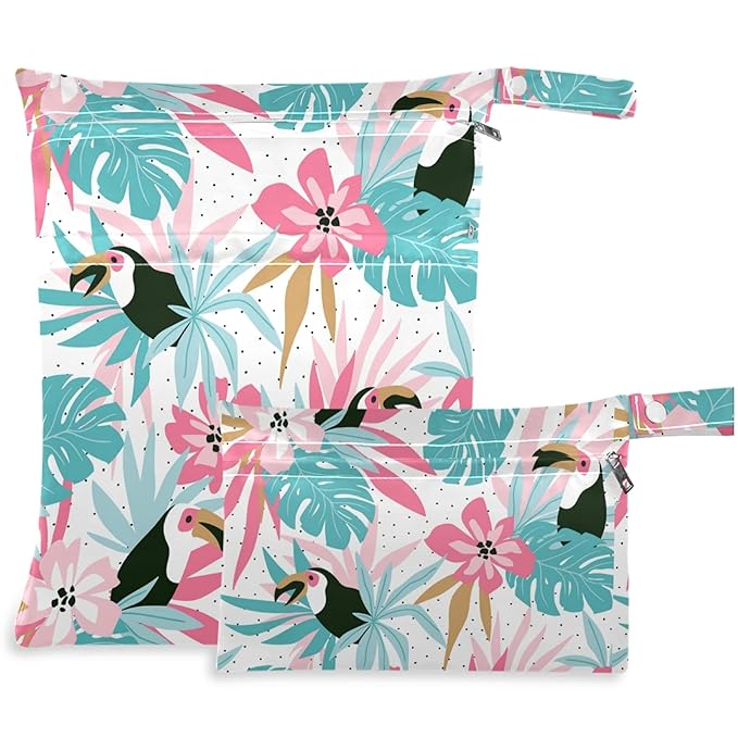 visesunny Tropical Palm Flower Parrot Animal 2Pcs Wet Bag with Zippered Pockets Washable Reusable Roomy for Travel,Beach,Pool,Daycare,Stroller,Diapers,Dirty Gym Clothes, Wet Swimsuits, Toiletries