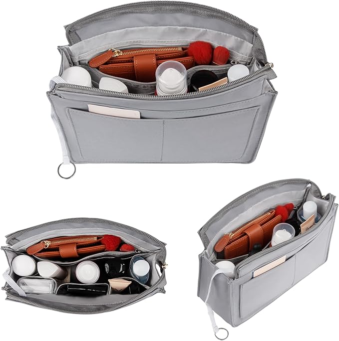 Vercord Purse Organizer Insert with Zipper for Women Hobo Handbags Shaper Insert 12 Pockets Bag Grey Medium