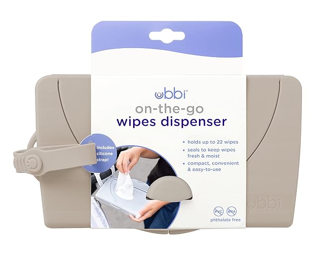 Ubbi On-The-Go Baby Wipes Dispenser, Portable Wipes Container for Travel, Diaper Bag Accessory Must Have for Newborns, Reusable Wipes Holder, Taupe (Pack of 2)