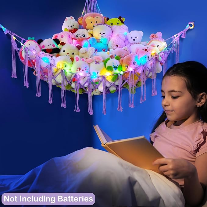 Basumee Stuffed Animals Net or Hammock with LED Light, Hanging Stuffed Animals Storage Toy Hammock Net Corner Wall Girls Room Decor Toy Storage Organizer, Purple, XL