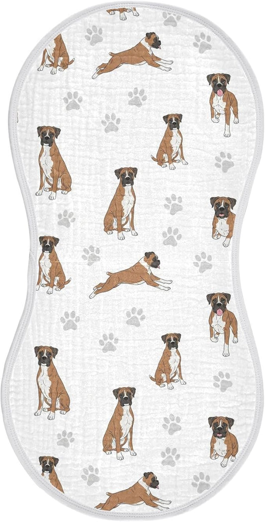 1 Pack Muslin Burp Cloths Boxer Dogs White Cotton Baby Burp Cloths Ultra Absorbent Soft Burping Cloth Washcloths for Newborn Baby Boys Girls 22x11 Inch
