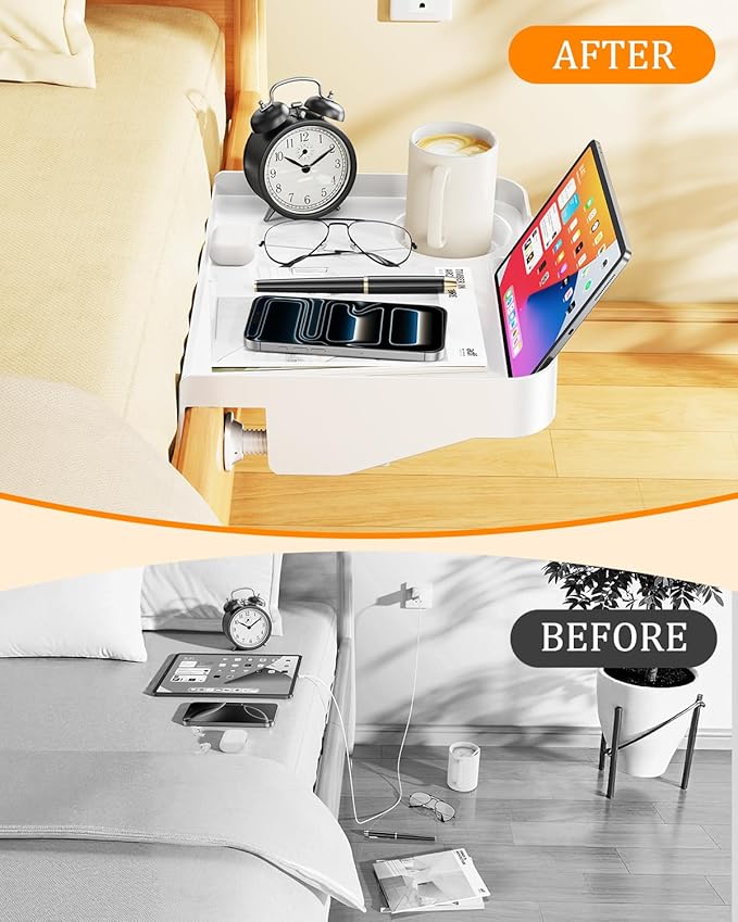 Blissfuhue Bedside Caddy for Dorm Bed - Clip On Nightstand with Cup Holder, Floating Bed Side Table Tray Storage,College Dorm Room and Kids Room Essentials,Blending Decor and Storage （White）