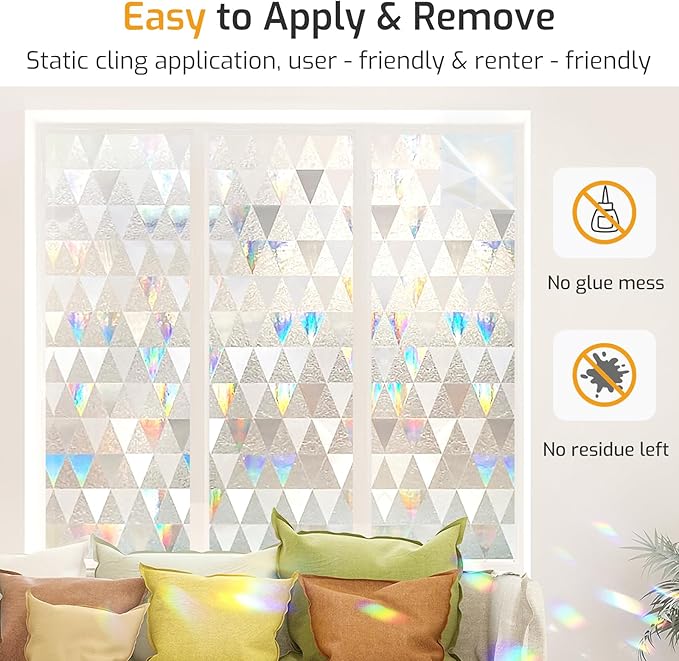 LUTE Window Privacy Film, Decorative Stained Glass Rainbow Window Clings, Sun Blocking Glass Covering, Renter-Friendly Static Cling Sticker Frosted Decals for Home Door Office, 23.6" x 118.1"