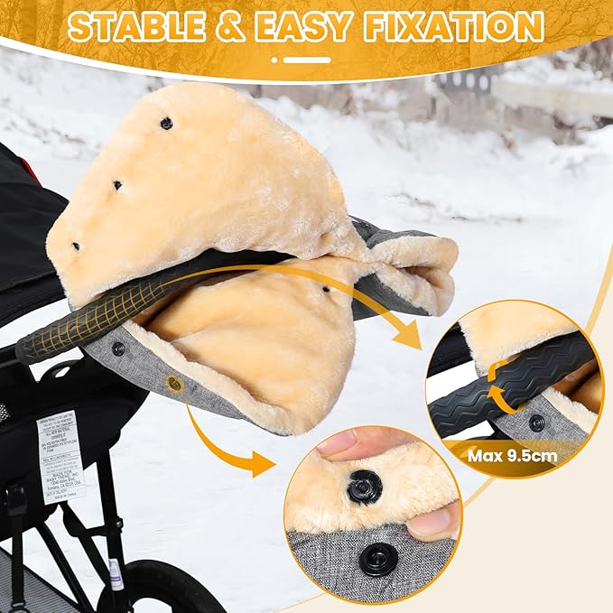 Orzbow Faux Sheepskin Gloves with Phone Pockets, Winter Extra Thick Mittens for Baby Stroller, Cozy & Warm, Anti-Freeze Hand Muff Easily Attaches to Stroller for Parents & Caregivers, Gray