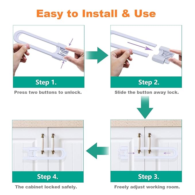 Sliding Cabinet Child Safety Locks - OKEFAN Baby Proofing Cabinet Lock Cupboard Latches for Kids on Closet Door Knobs Handles Pulls No Drill (8, White)