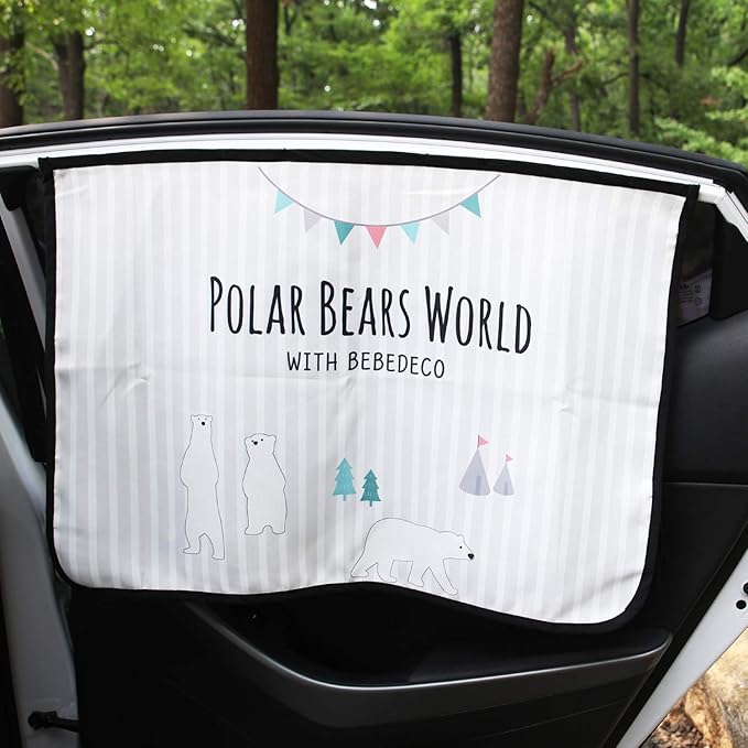BEBEDECO Magnetic Car Sun Shade Curtain for Side Window – Sun Blocker and UV Protector for Baby, Kids, and Pets – Universal Fit with Built-in Magnets for Steel-Framed Door (Be-Pola Bear)