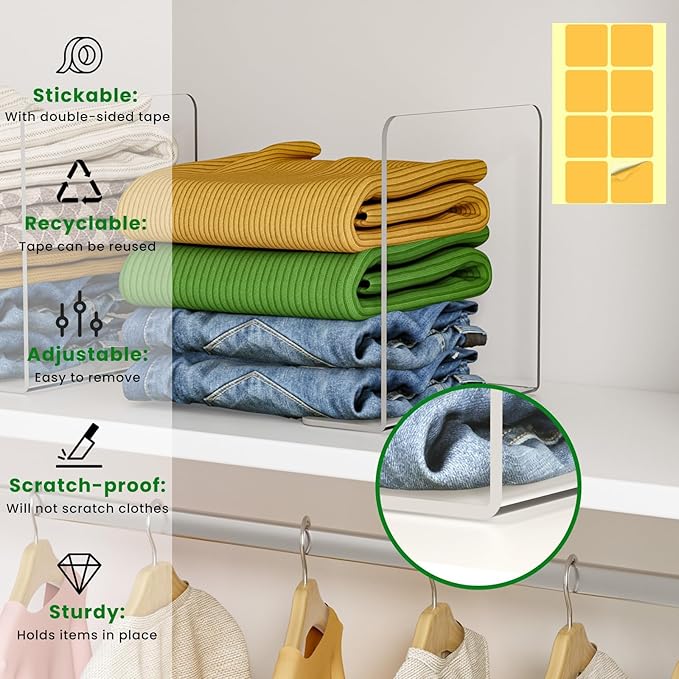 Shelf Dividers for Closet Organization: 8 Pack 10" Tall X 8.4" Deep Acrylic Clear Vertical Shelves Separators - Adhesive Adjustable Easy to Install Remove - Handbags/Clothes/Towel Storage
