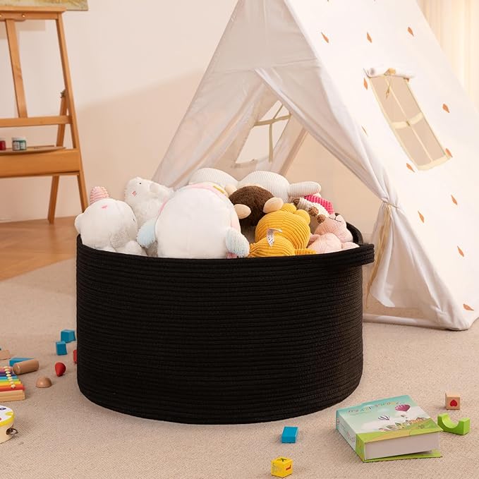 OIAHOMY 105L Blanket Basket for Living Room, Large Basket 23.6" x 23.6" x 14.6" with Handle, Laundry Hamper for Blankets, Pillows, Toy Storage for Kids, Dogs - Black