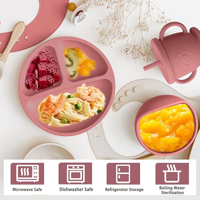 Munlinder Silicone Baby Feeding Set | Baby Led Weaning Supplies Includes Suction Bowls and Divided Plates, Adjustable Bib, Baby Utensils Spoons and Forks,Cup | Baby Feeding Essentials (Red)
