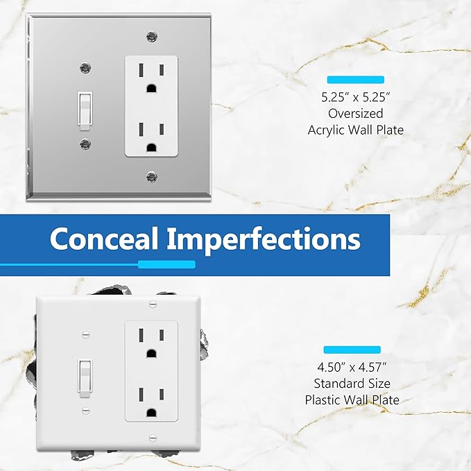 LIDER Reflective Acrylic Combination Wall Plate, Mirrored Double Switch Plate, Combo Toggle Switch and Decorator Outlet Cover, Acrylic Glass, Oversized 2-Gang 5.25" x 5.25", LWP-1131O-ASV, Silver