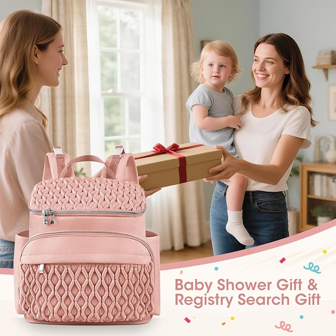 Diaper Bag Backpack, Large Baby Bag for Girl Boy, Travel Diaper Backpack with Insulated Pocket, Cute Diaper Bag Stroller Straps, Baby Shower & Registry Gift for Mom Dad Pink