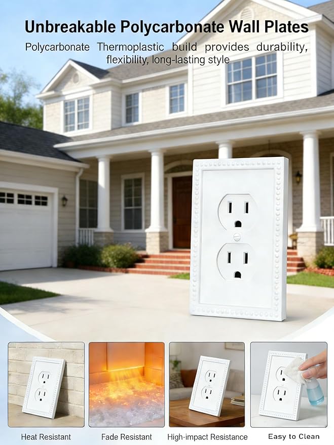20 Pack Mid-Size Duplex Wall Plates 1-Gang Switch Outlet Electrical Cover Plate Unbreakable Thermoplastic Faceplate for Light Receptacle Outlet Switch, Classic Beaded Relief Design, White