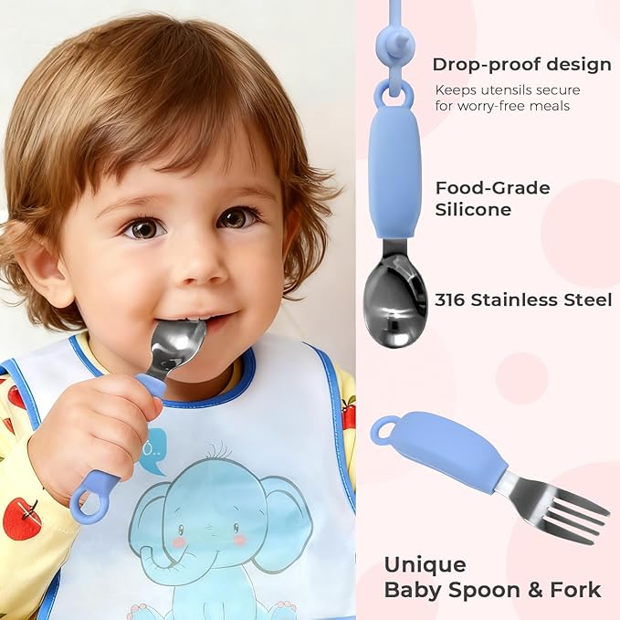Travel Silicone Baby Feeding Set, 9pcs Portable Feeding Supplies, Toddler Suction Plates, 316 Stainless Steel Spoon & Fork, Silicone Baby Toy Straps, Lightweight Foldable Bib, Straw, Storage Bag