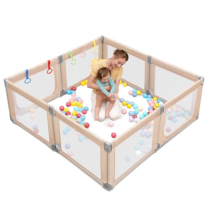 Dripex Foldable Baby Playpen, Extra Large 71"x69" Collapsible Play Pen for Babies - Indoor Outdoor Play Yard with Adjustable Shapes, Baby Fence Play Area with Visible Mesh, Beige