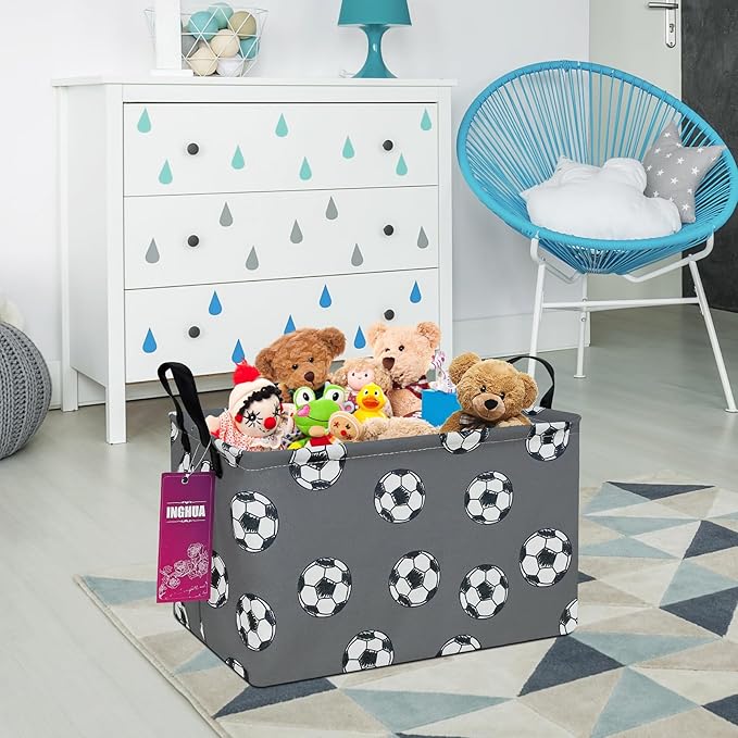 INGHUA Rectangular Storage Basket Fabric Organizer Bin for Toys,Books,Clothes,Gifts,Pets-Perfect for Home,Office,Nursery,Dorm,Shelf(Rec-grey football )