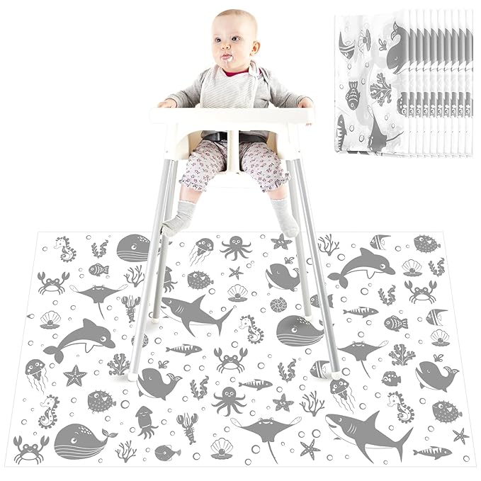 Drydiet 100 Pack 28"x47" Disposable Floor Splat Mats for Under High Chair with Animals Print, Waterproof Plastic Floor Mat Multipurpose Baby Led Weaning Supplies(Sea Animal)