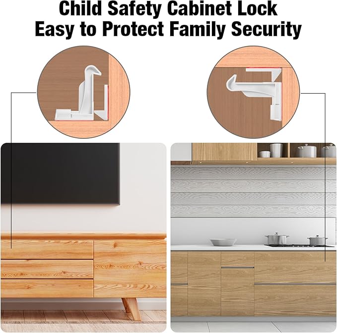 TOWODE Cabinet Locks Baby Proofing Cabinets Locks Child Safety Baby Proof Drawer Locks No Drilling or Extra Screws Works with Most Cabinets, Drawers and Countertop Overhangs(10 Pack)