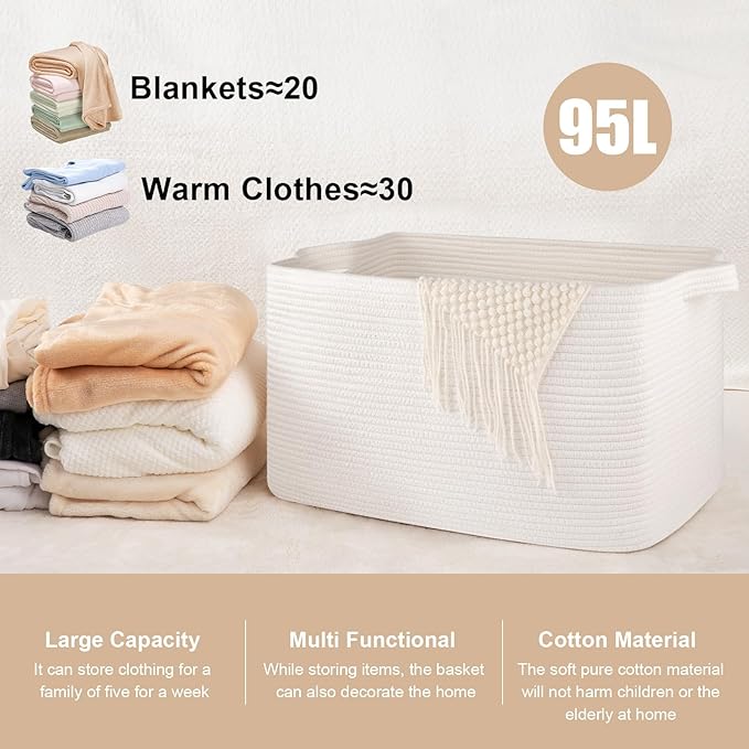 SIXDOVE 95L Large Storage Basket, Cotton Rope Woven Blanket Basket, Toy Storage for Baby Room, Living Room, 24" x 16.9" x 14.2", White