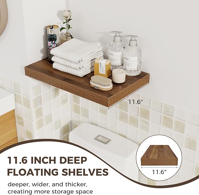 Fun Memories 12 Inch Deep Floating Shelves for Wall, 20 Inch Long Wall Mounted Storage Shelf with Invisible Brackets, 3 Pack Hanging Wood Shelf for Farmhouse, Bedroom, Kitchen, Living Room, Walnut
