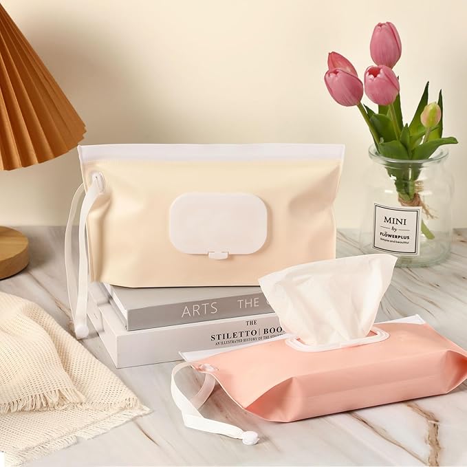 FEBSNOW 2 Pack Baby Wipes Dispenser, Portable Refillable Wipe Holder Baby Wipes Container Travel Wipes Case Reusable Wet Wipes Pouch (Cream, Pink)